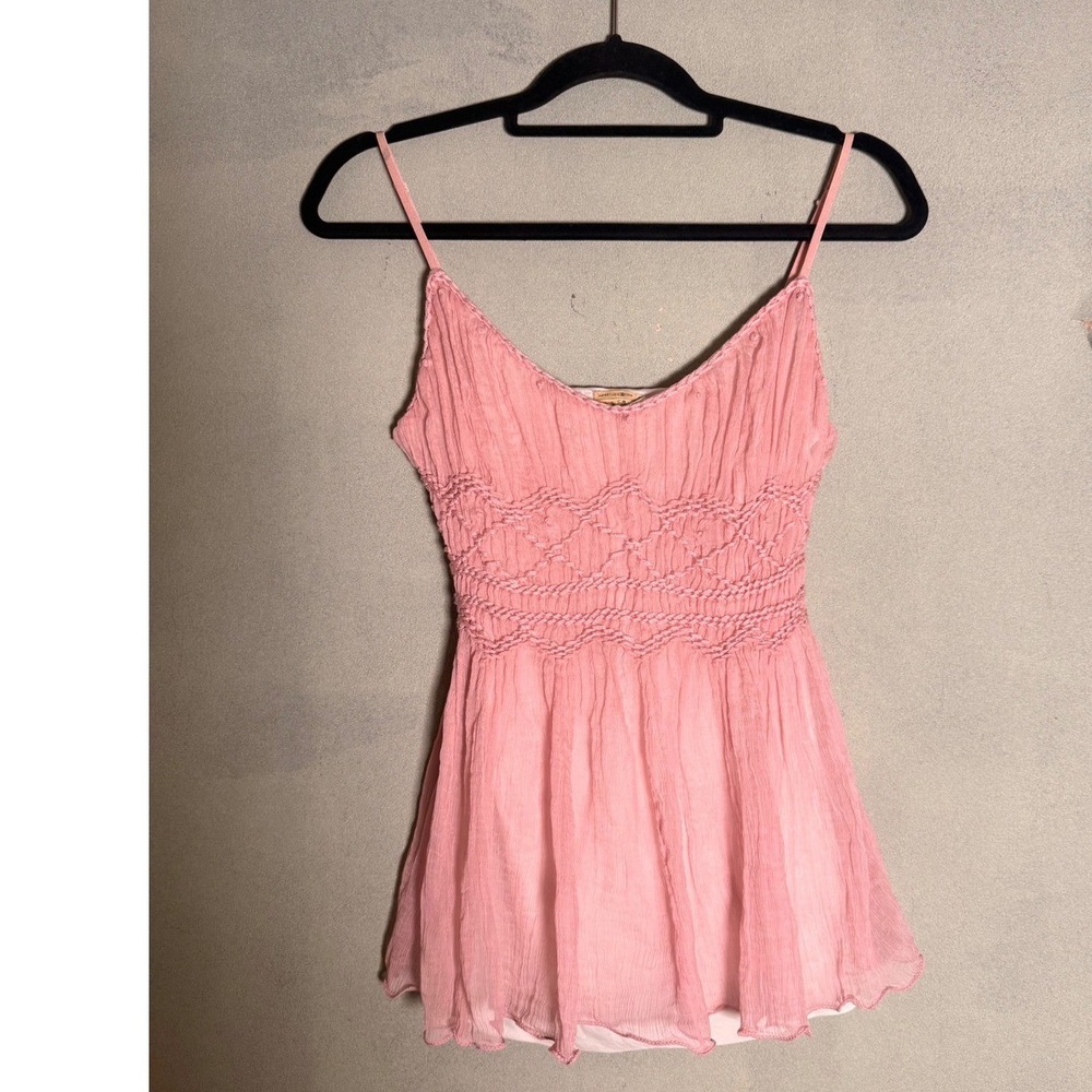 Max Studio Pink 100% Silk Camisole Smocked Crinkle Chiffon Babydoll Fairy Top